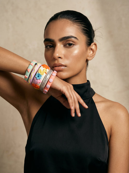 Sunshine Charm Clay Bangle Stack — Hand-Sculpted Statement Set