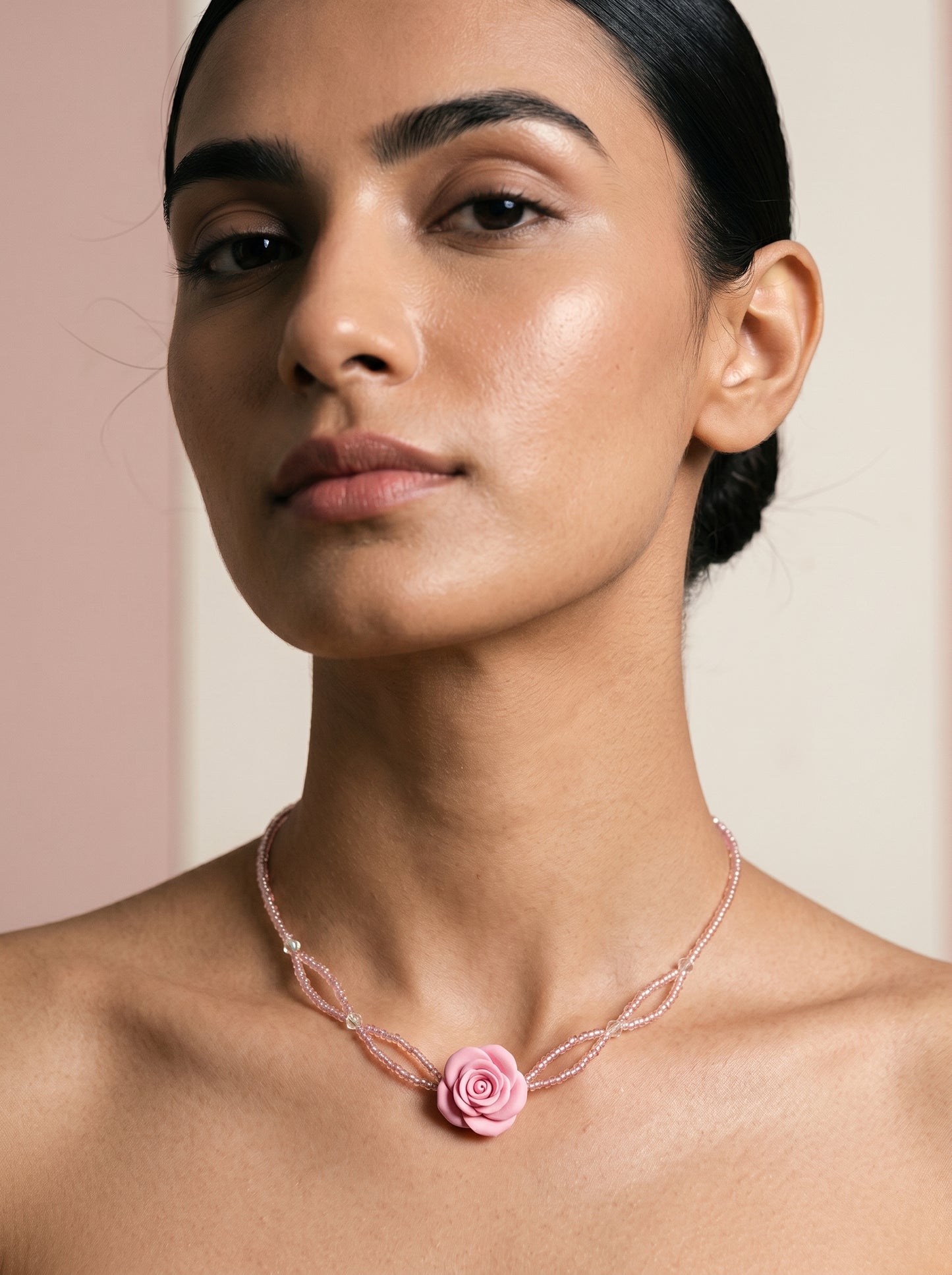 Pink Rose Beaded Choker — Sculpted Rose on Blush Bead Strands