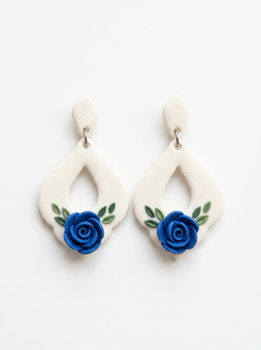 Blue Rose Teardrop Earrings — White Drop with Sculpted Rose