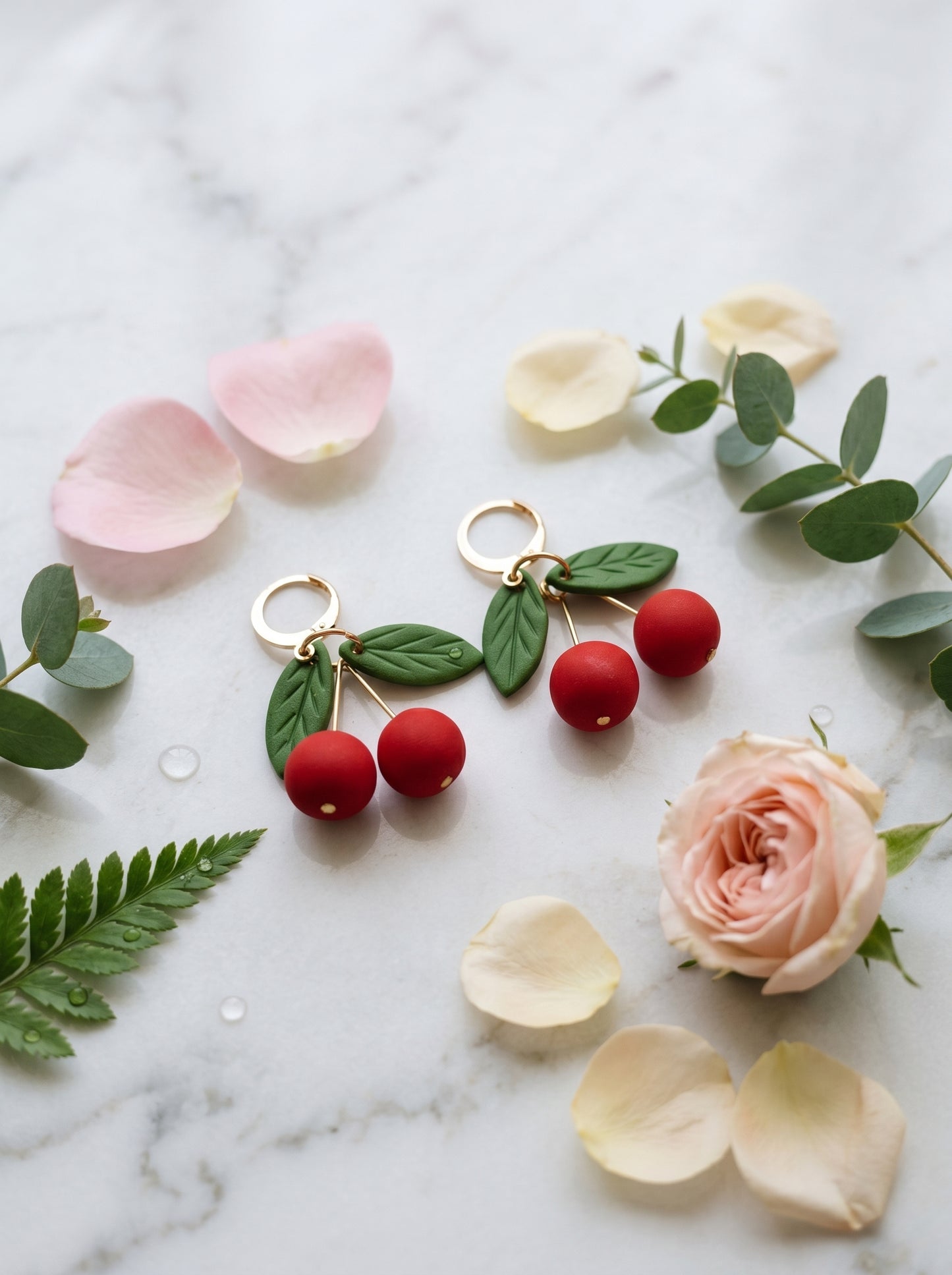 Cherry Drop Earrings — Handcrafted Clay Cherries on Gold Huggies