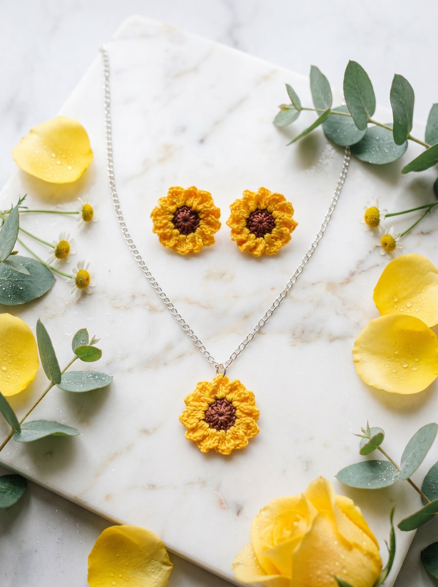 Sunflower Crochet Jewellery Set — Handmade Necklace & Earrings