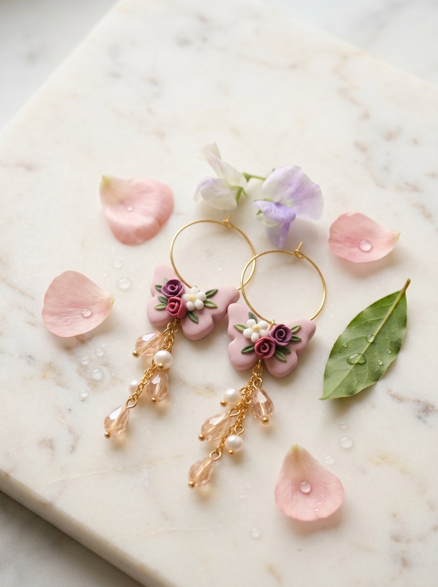 Mauve Butterfly Floral Dangle Earrings — Crystal & Pearl Drop