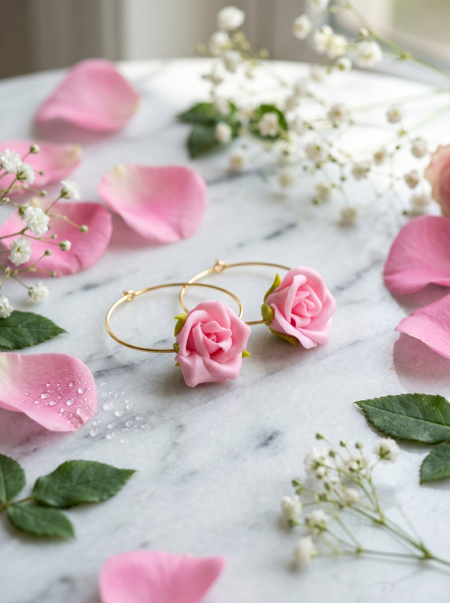 Blush Rose Hoop Earrings — Handcrafted Clay Roses on Gold Hoops