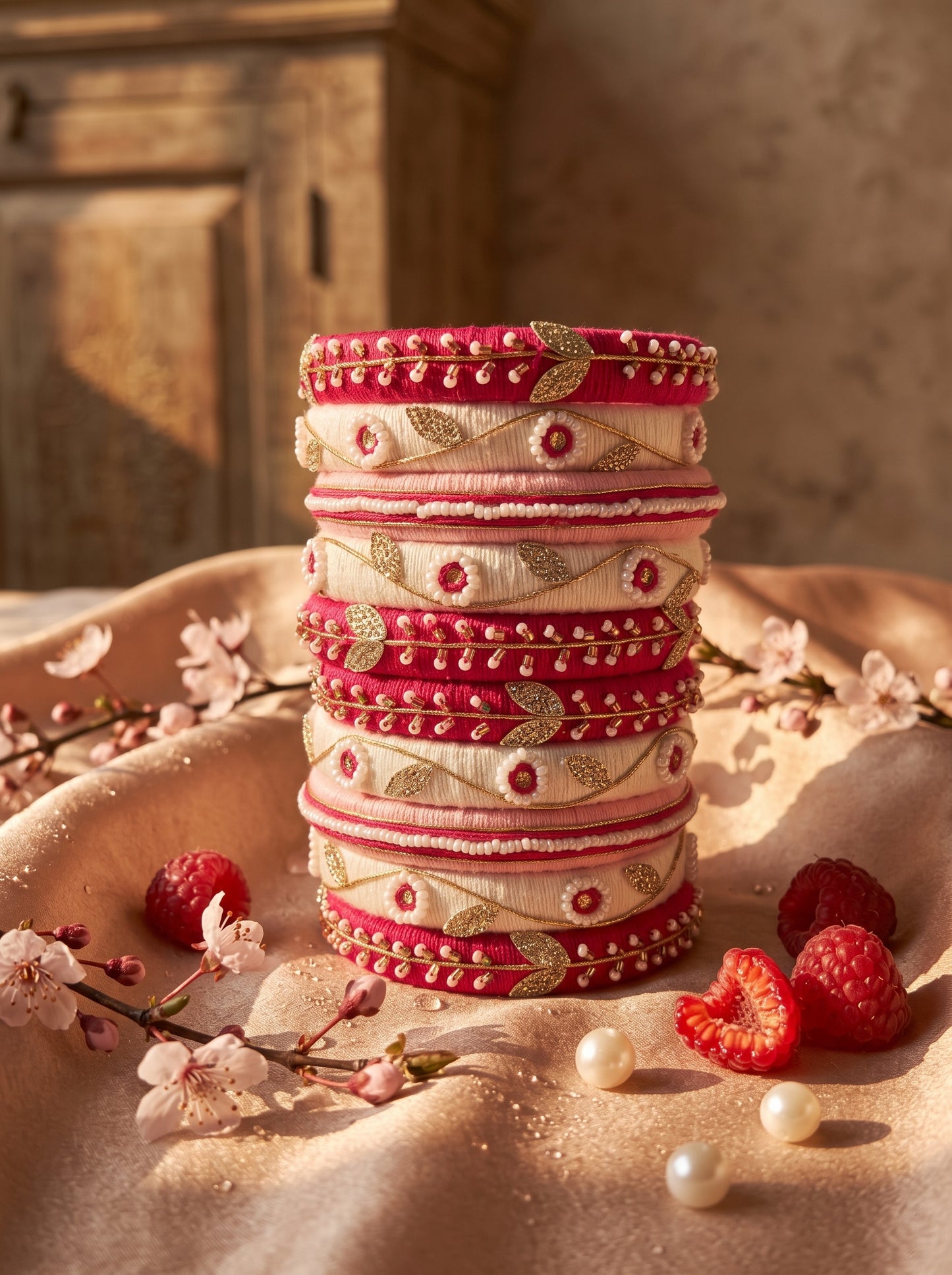 Fuchsia Festivity Hand-Embroidered Silk Bangle Stack