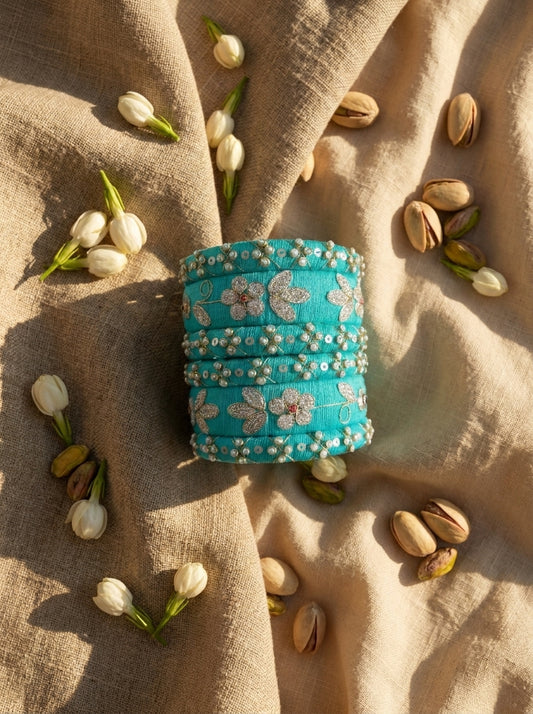 Zahvana Turquoise Bloom Handcrafted Zari & Sequin Bangle Stack