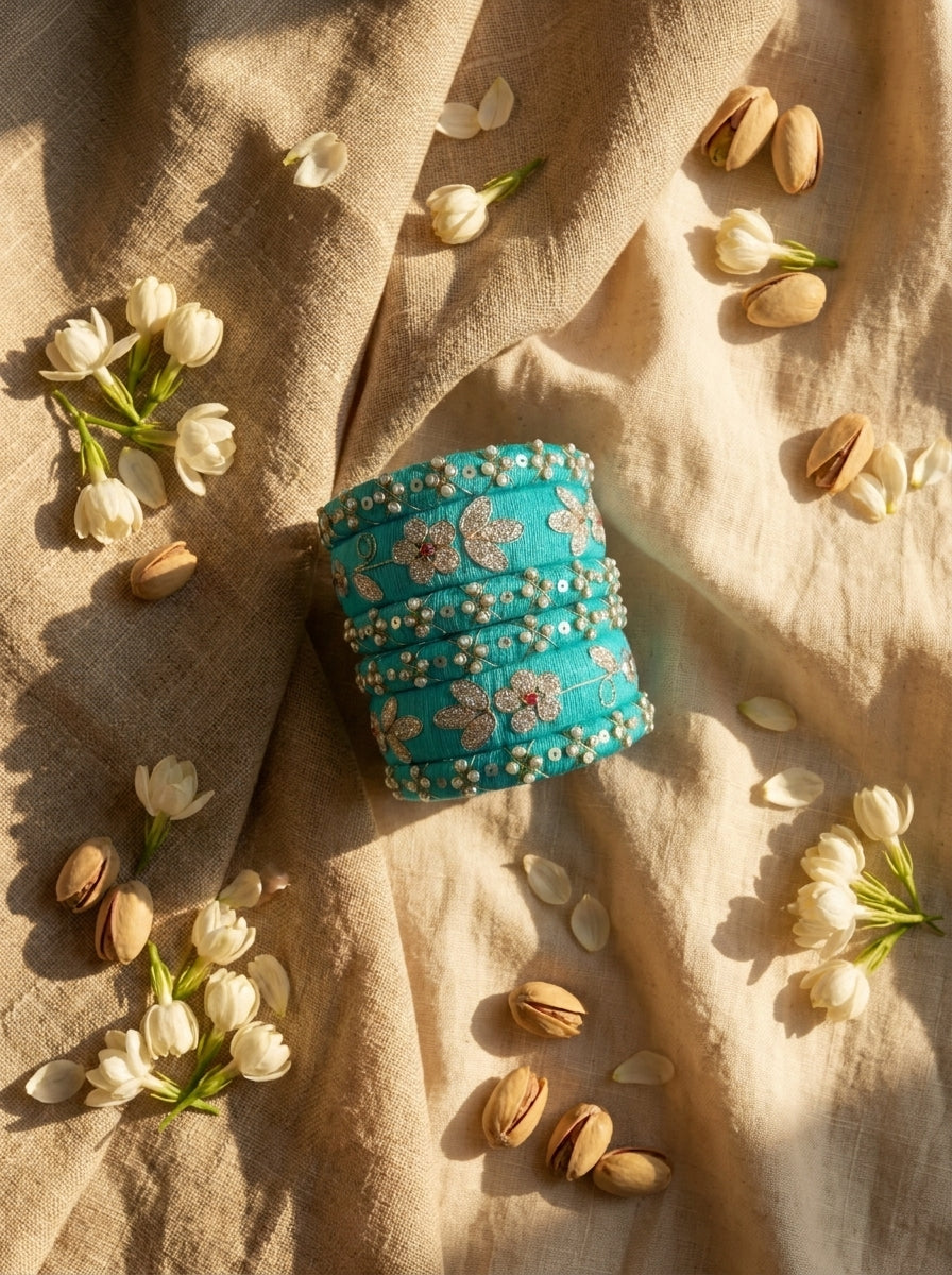 Zahvana Turquoise Bloom Handcrafted Zari & Sequin Bangle Stack