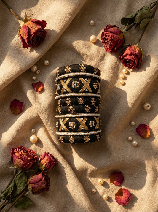 Royal Noir Velvet & Gold Handcrafted Bangle Stack