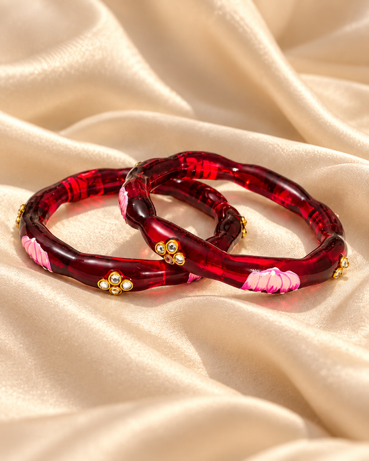 Lotus Bloom Ruby Red Glass Bangles – 2 Piece Floral