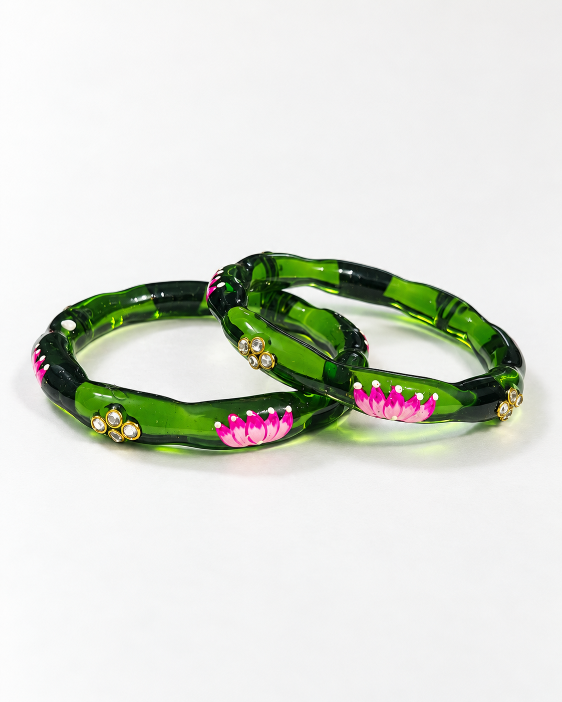 Lotus Bloom Emerald Green Glass Bangles – 2 Piece Floral