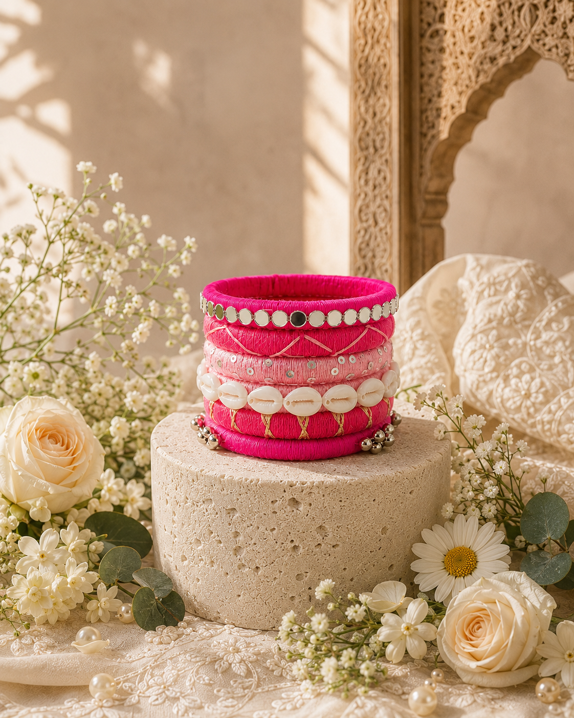 Rani Pink Shell & Mirror Thread Bangles