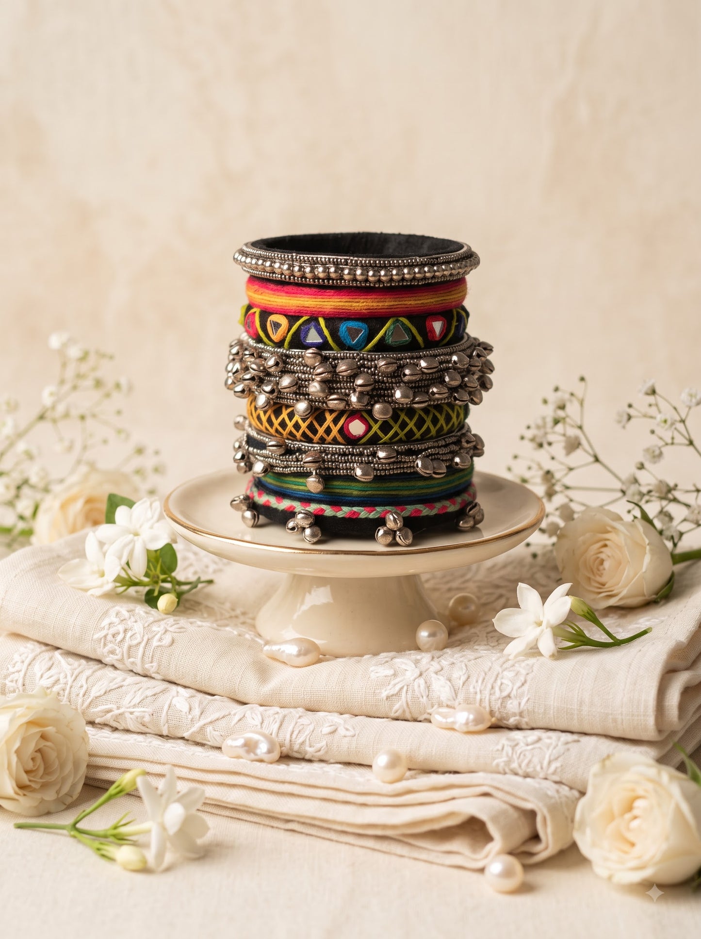 Navratri Special Handmade Tribal Fabric Bangles Set | Oxidized Ghungroo & Multicolor