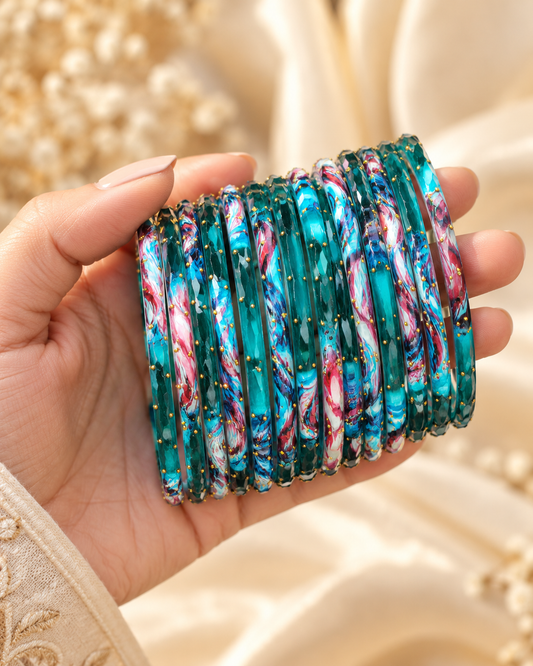 🌸Emerald Teal Glass Bangle Set | Faceted Printed