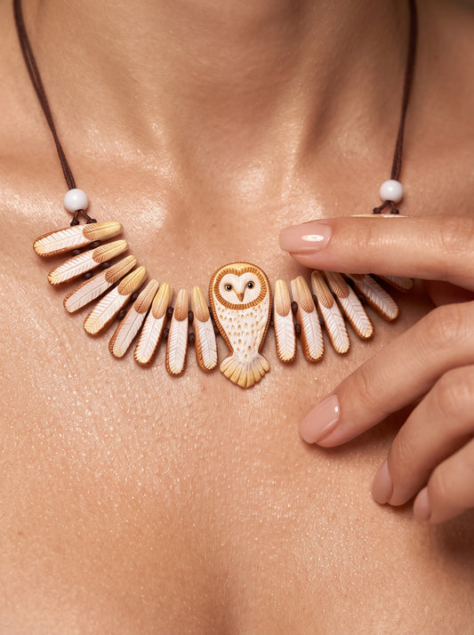 The Athena Owl Feather Clay Collar