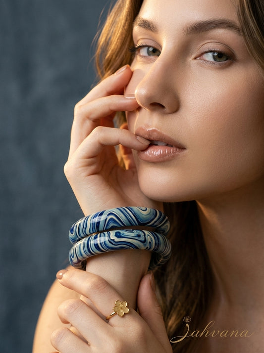 Indigo Marble Lac Bangle Set — Hand-Marbled Lac Pair
