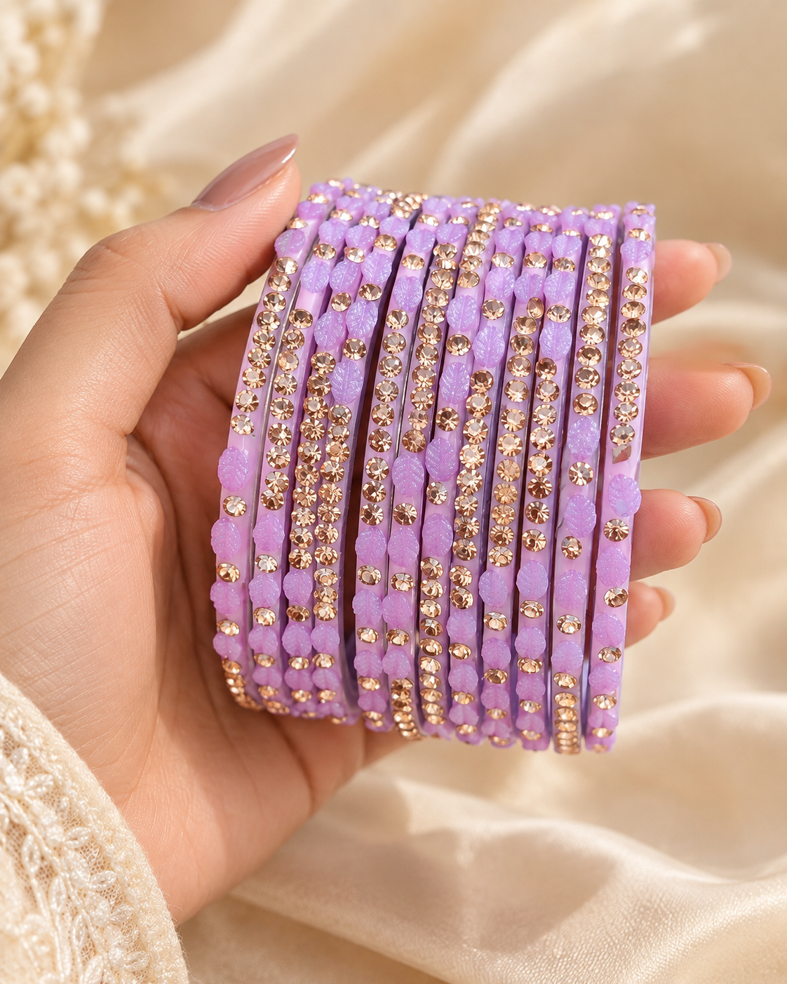 πLavender Dream Leaf Glass Bangle Set | Pastel Purple Stone-Studded