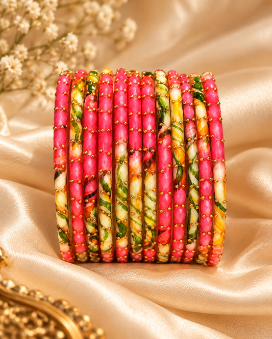 🌸 Pink Floral Glass Bangles – Multicolor Gold Beaded Set