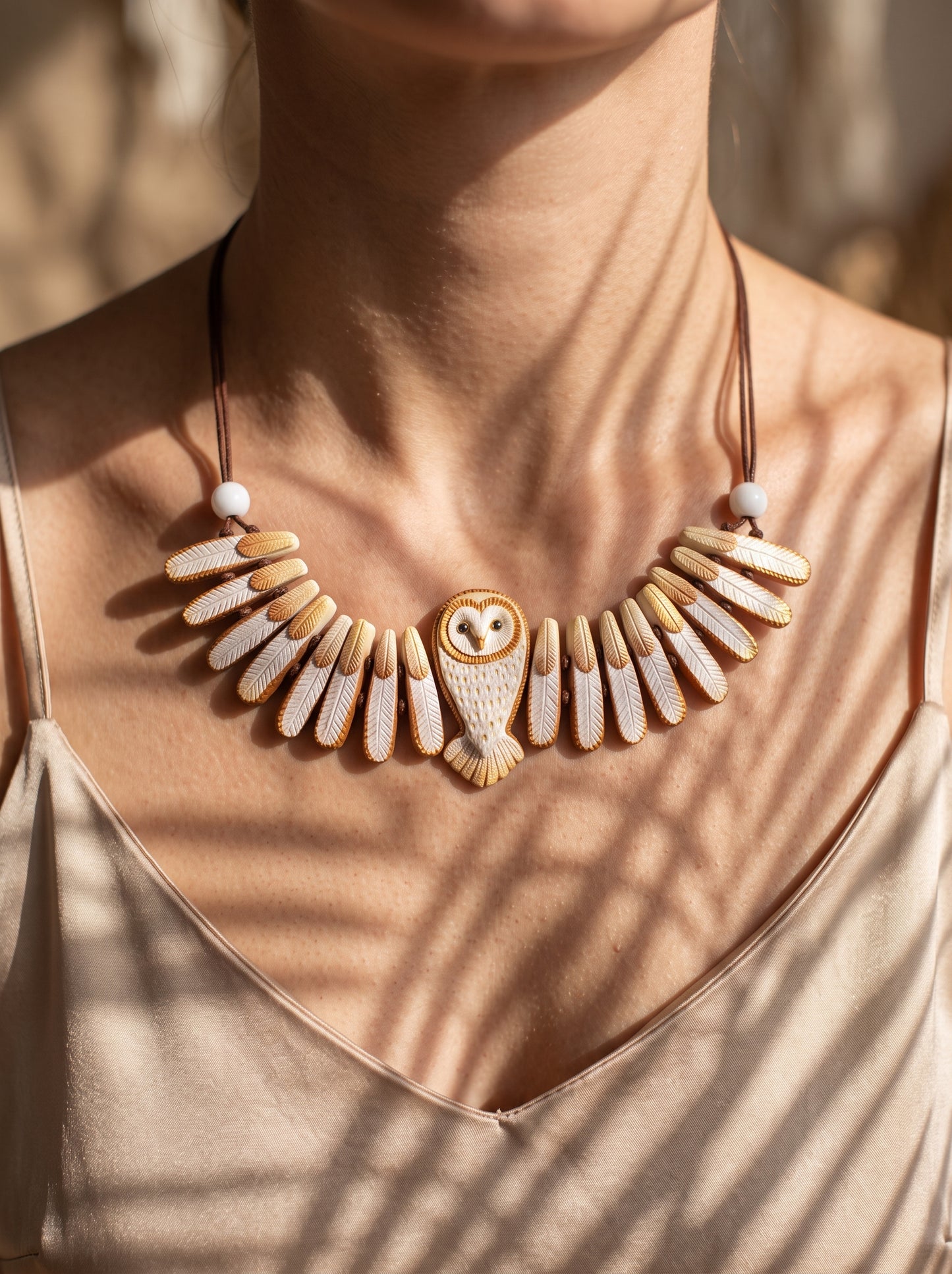 The Athena Owl Feather Clay Collar