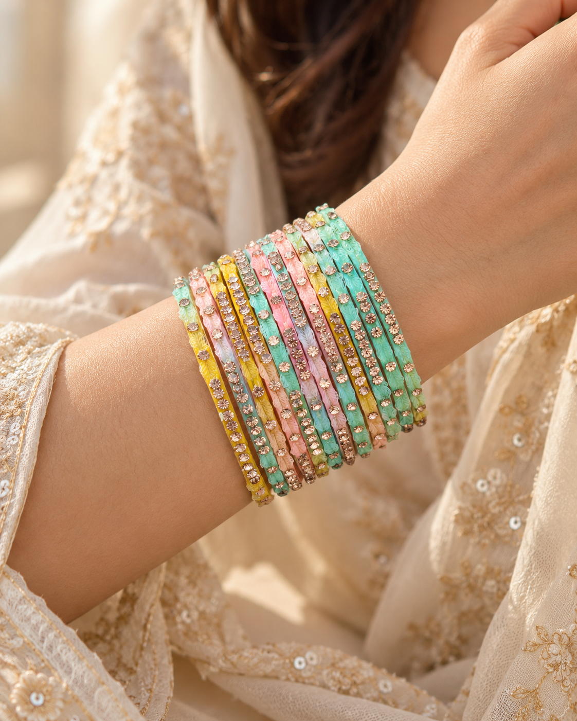 🍀Bloom Pastel Leaf Glass Bangle Set | Mint, Pink & Gold Stone-Studded