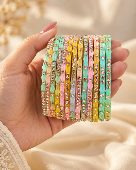 🍀Bloom Pastel Leaf Glass Bangle Set | Mint, Pink & Gold Stone-Studded