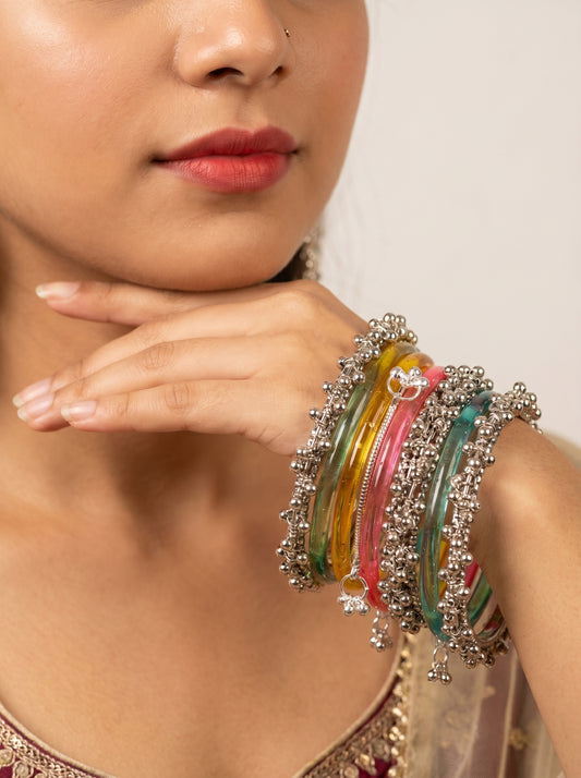Multicolor Jelly Bangles Set with Oxidized Silver Charms for Women & Girls