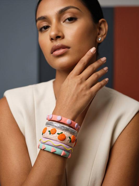 Citrus Pop Clay Bangle Stack — Hand-Sculpted Fruit Bangles