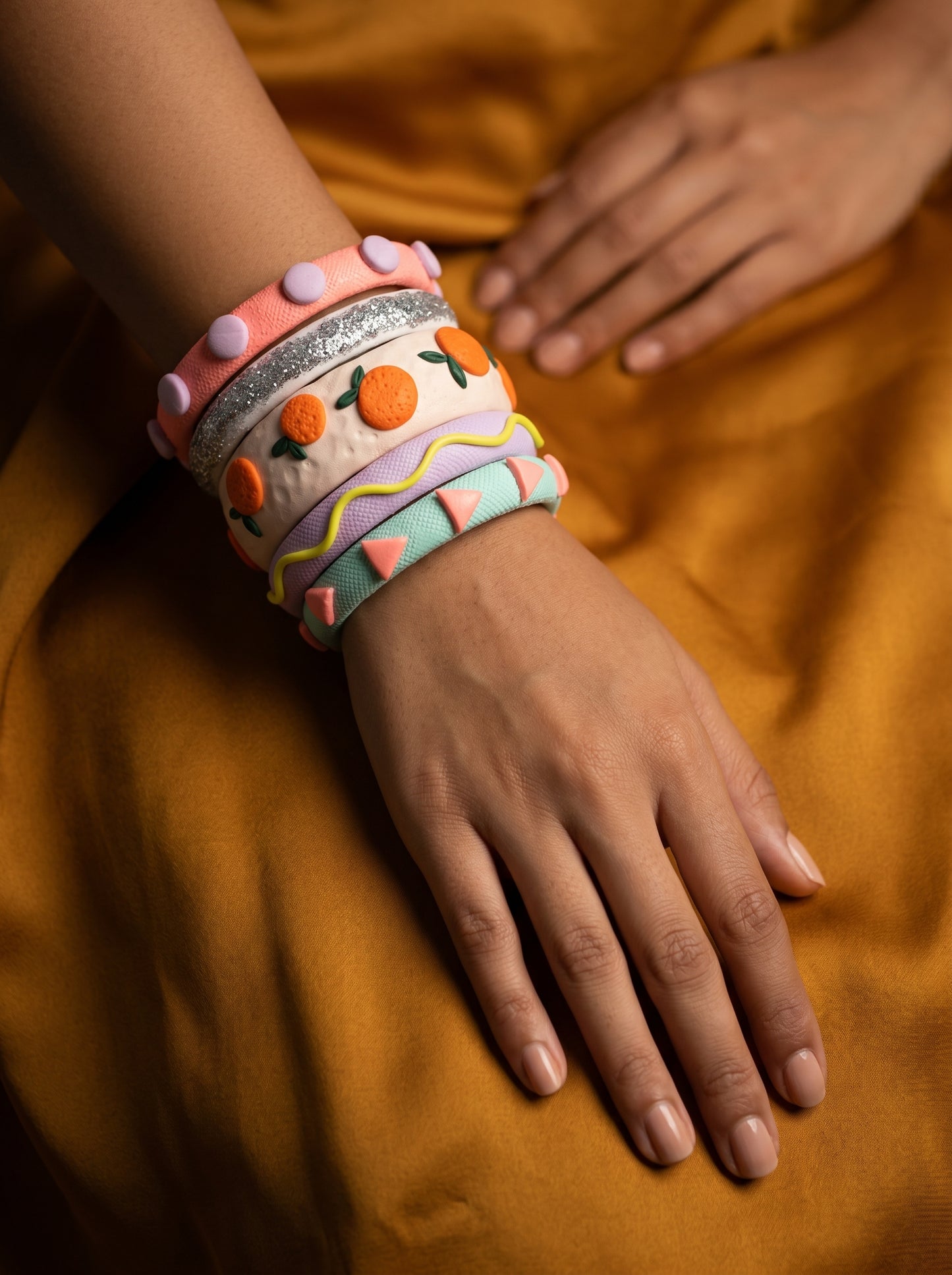 Citrus Pop Clay Bangle Stack — Hand-Sculpted Fruit Bangles