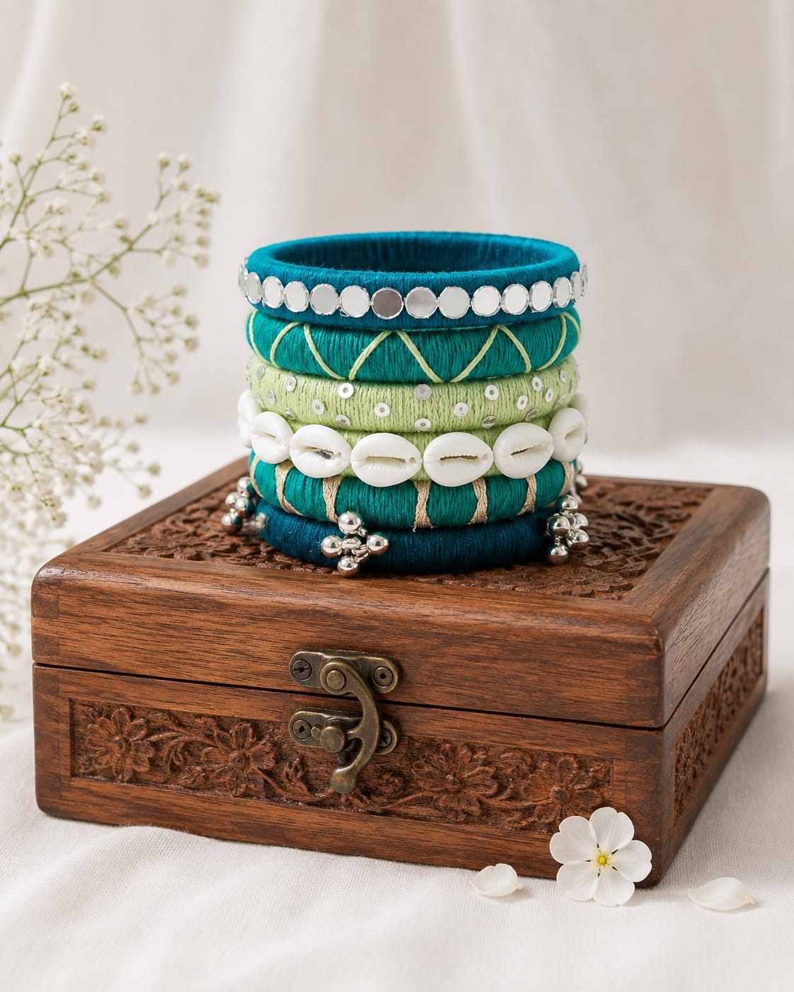 Teal Green Shell & Mirror Thread Bangles