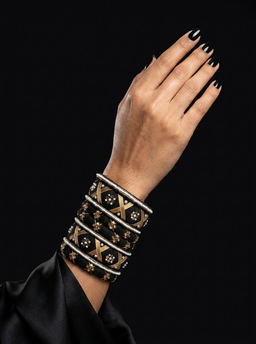 Royal Noir Velvet & Gold Handcrafted Bangle Stack