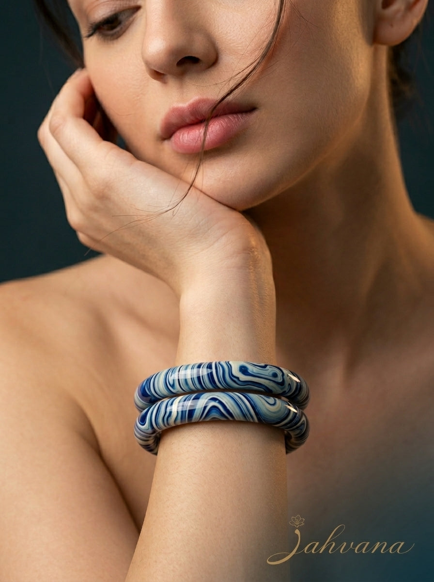 Indigo Marble Lac Bangle Set — Hand-Marbled Lac Pair