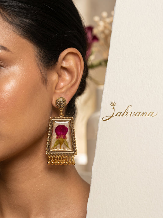 Rose Petal Frame Earrings — Real Pressed Rose · Antique Gold Frame · Ghungroo Drops | Eternal Garden by Zahvana