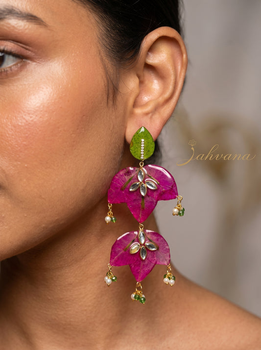 Bougainvillea Chandelier Earrings — Real Pressed Petals · Kundan · Pearl Drops · Handcrafted