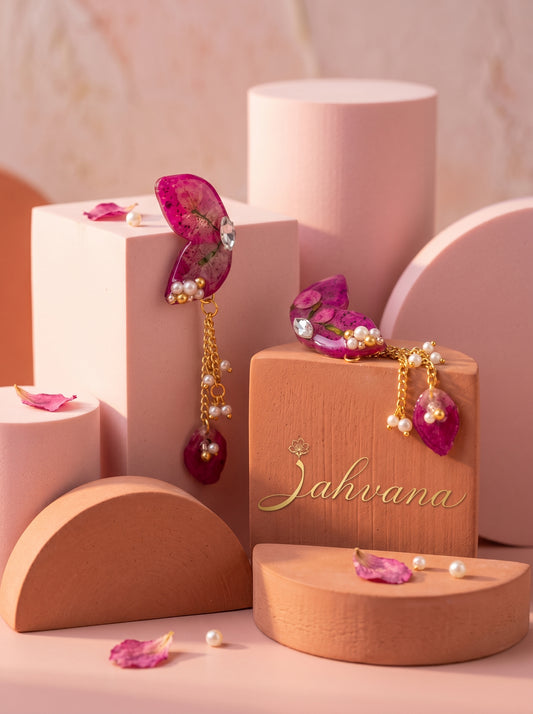 Butterfly Wing Drop Earrings — Real Bougainvillea Petals · Gold Chain · Pearl · Crystal | Eternal Garden by Zahvana