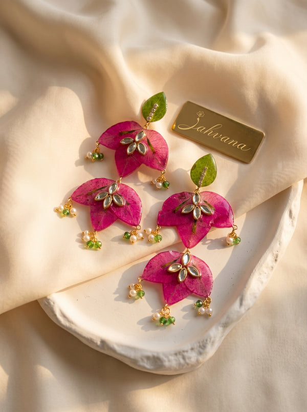 Bougainvillea Chandelier Earrings — Real Pressed Petals · Kundan · Pearl Drops · Handcrafted