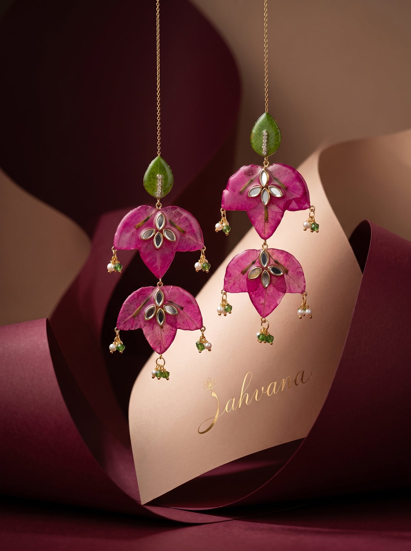 Bougainvillea Chandelier Earrings — Real Pressed Petals · Kundan · Pearl Drops · Handcrafted