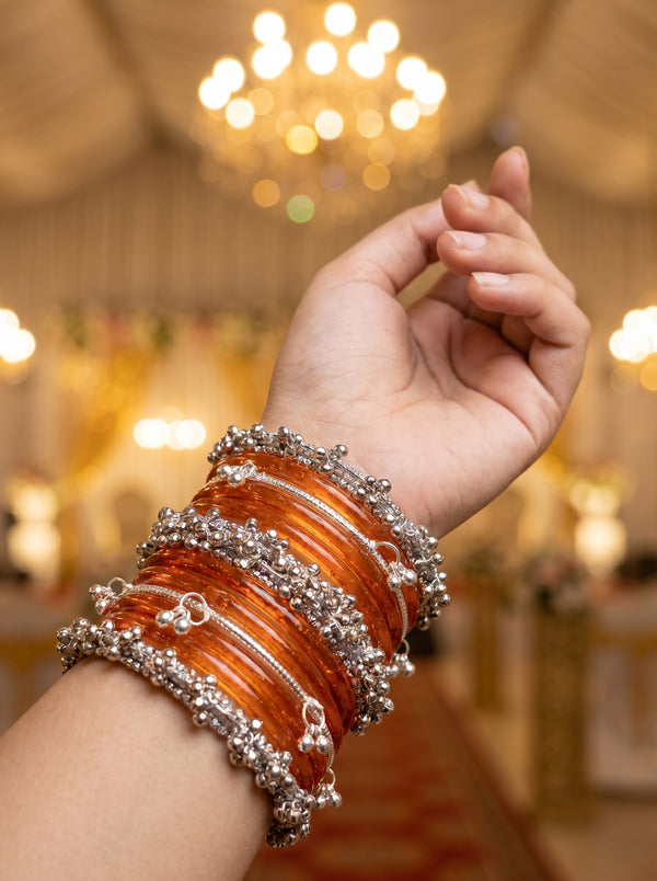 ORANGE JELLY BANGLES STACK — Silver Ghungroo Edition