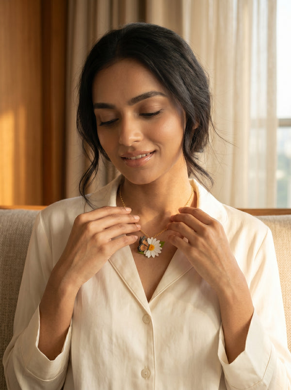 Monarch Daisy Pendant Necklace — Butterfly & Bloom on Gold Chain