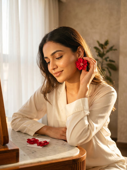 Red Hibiscus Statement Studs — Tropical Bloom Flower Earrings