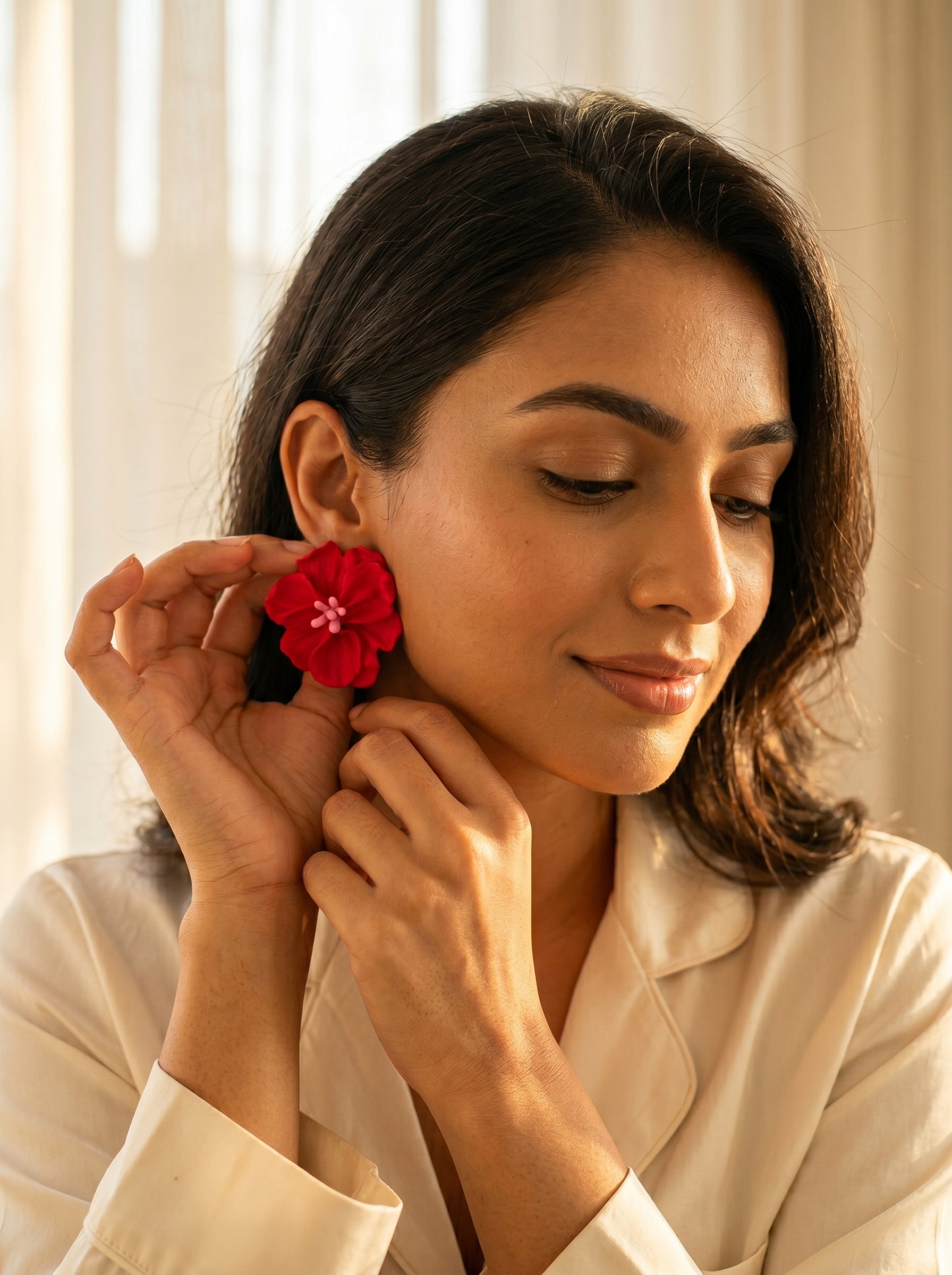 Red Hibiscus Statement Studs — Tropical Bloom Flower Earrings