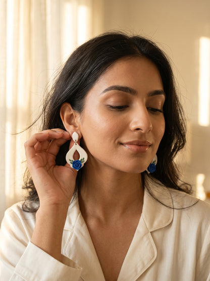Blue Rose Teardrop Earrings — White Drop with Sculpted Rose