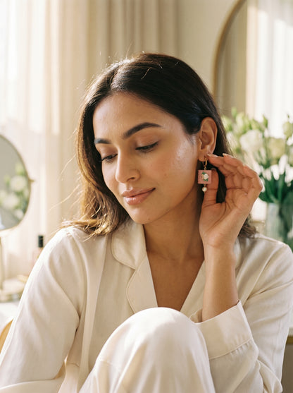 Rosé Book & Pearl Earrings — Floral Clay Book with Pearl Drop