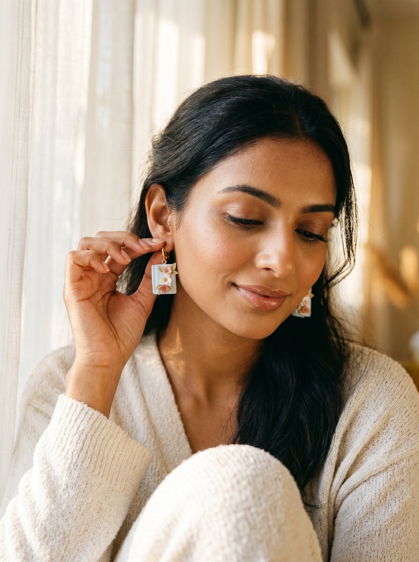 Floral Book Charm Earrings — Pastel Blue Clay Book Dangles
