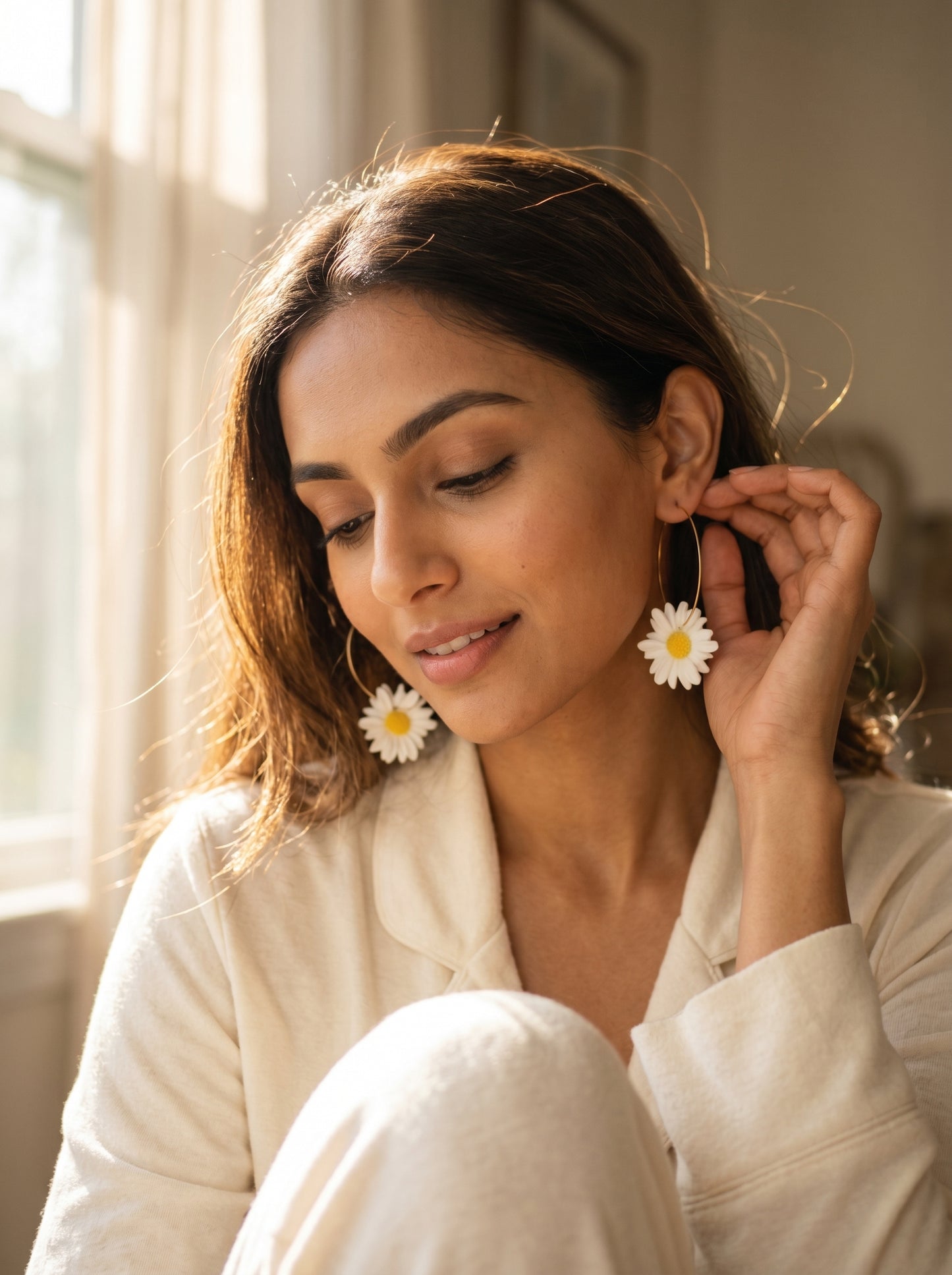 Daisy Hoop Statement Earrings — White Bloom on Gold Hoops