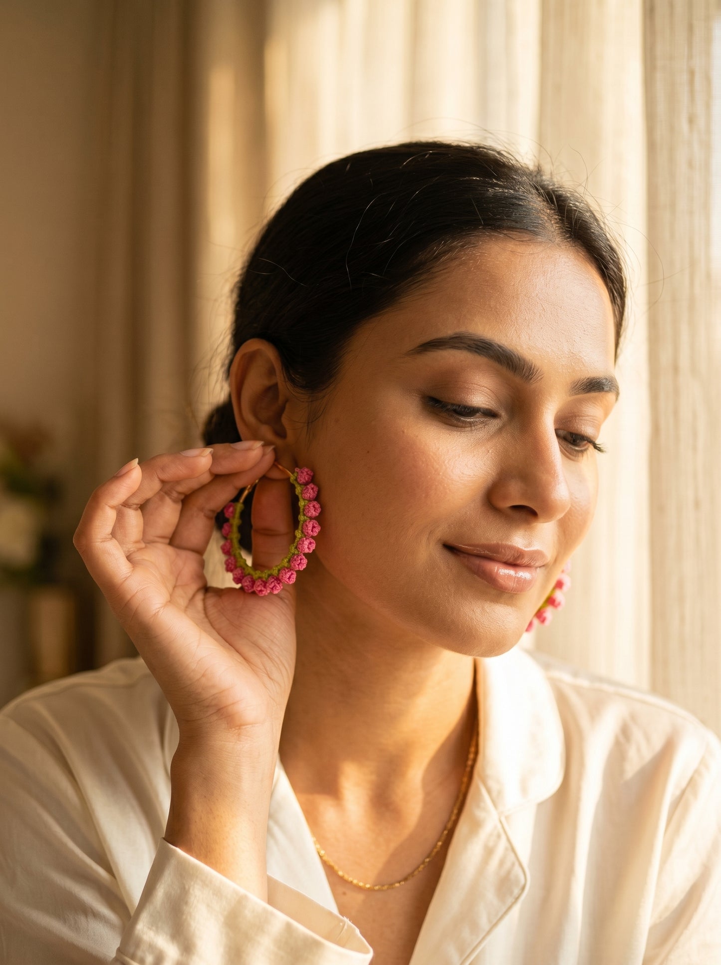 Pink Blossom Crochet Hoops — Hot Pink & Lime Floral Earrings