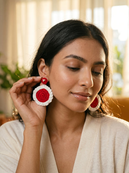 Festive Red Crochet Statement Earrings — Pearl Detail