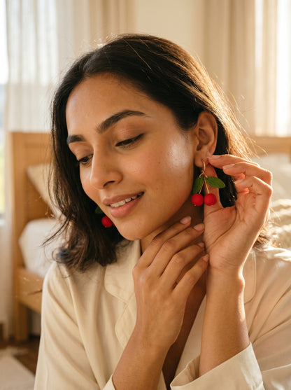 Cherry Drop Earrings — Handcrafted Clay Cherries on Gold Huggies