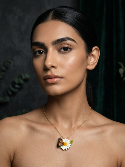 Monarch Daisy Pendant Necklace — Butterfly & Bloom on Gold Chain