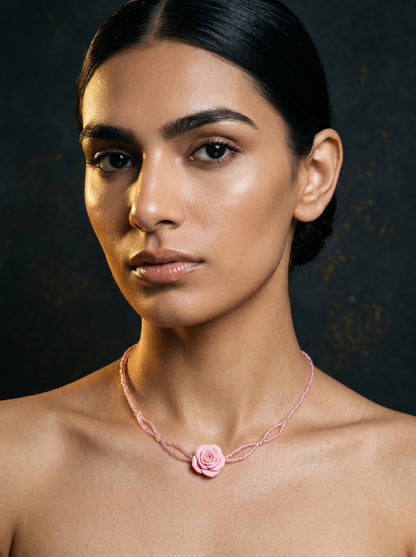 Pink Rose Beaded Choker — Sculpted Rose on Blush Bead Strands