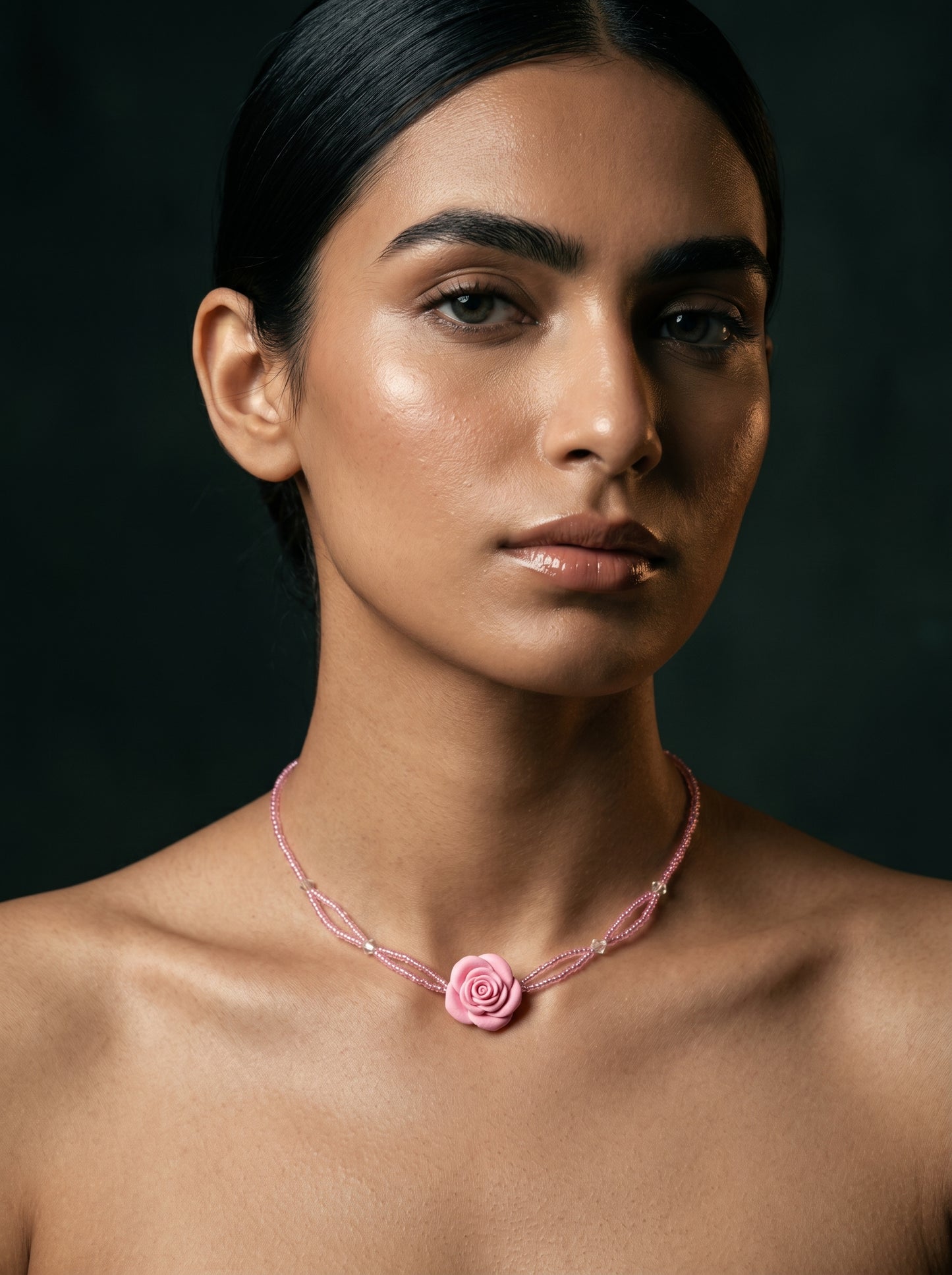 Pink Rose Beaded Choker — Sculpted Rose on Blush Bead Strands