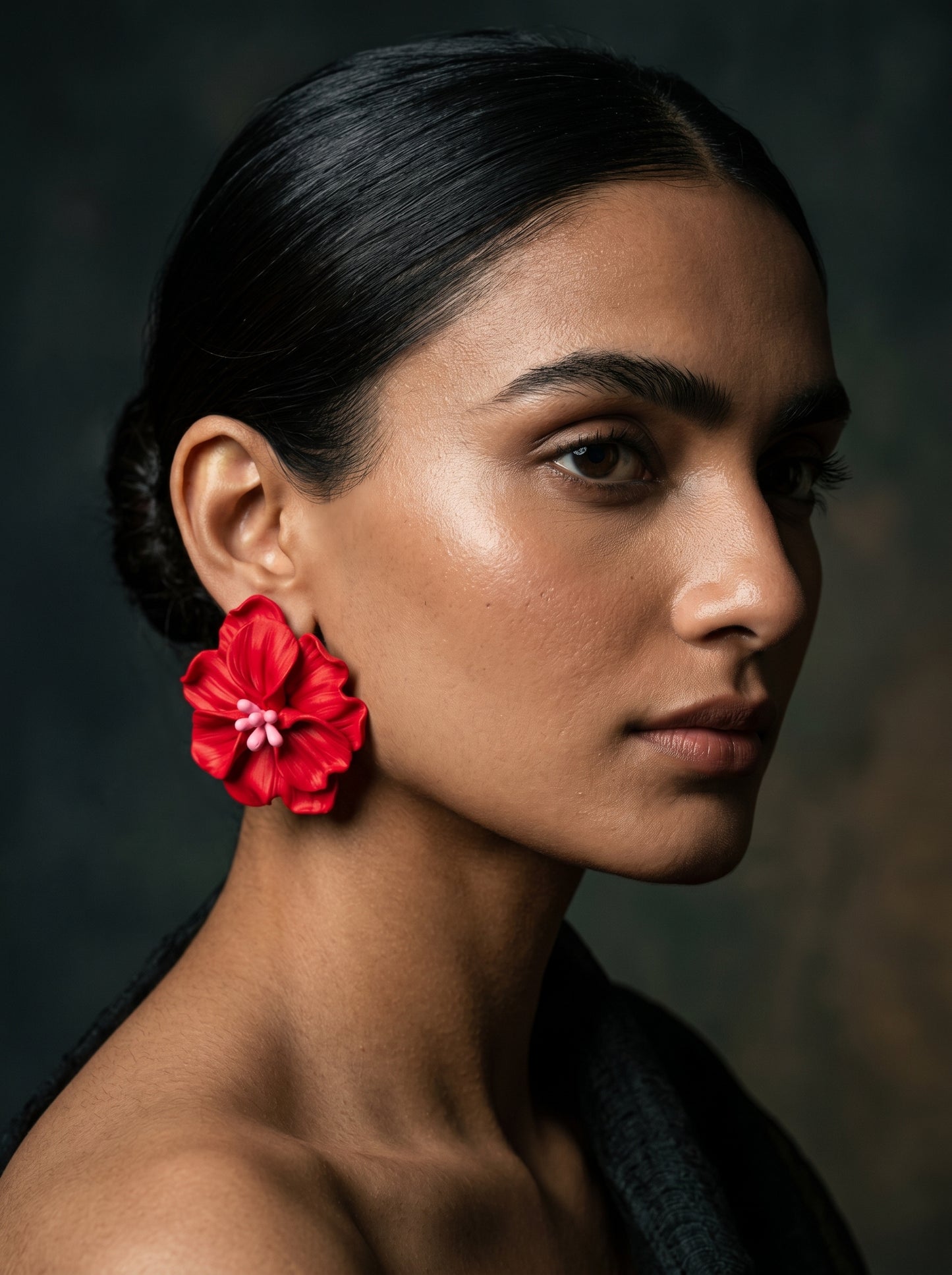 Red Hibiscus Statement Studs — Tropical Bloom Flower Earrings