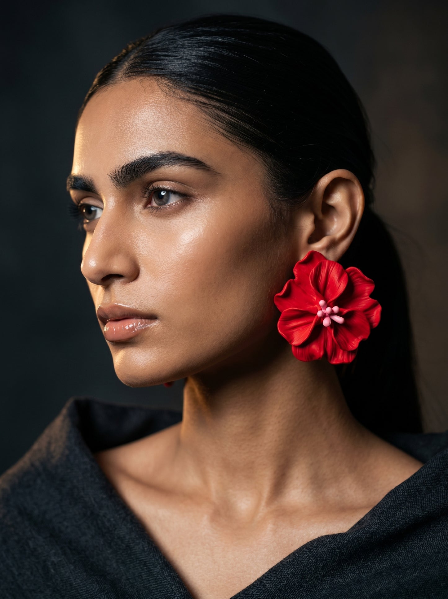 Red Hibiscus Statement Studs — Tropical Bloom Flower Earrings
